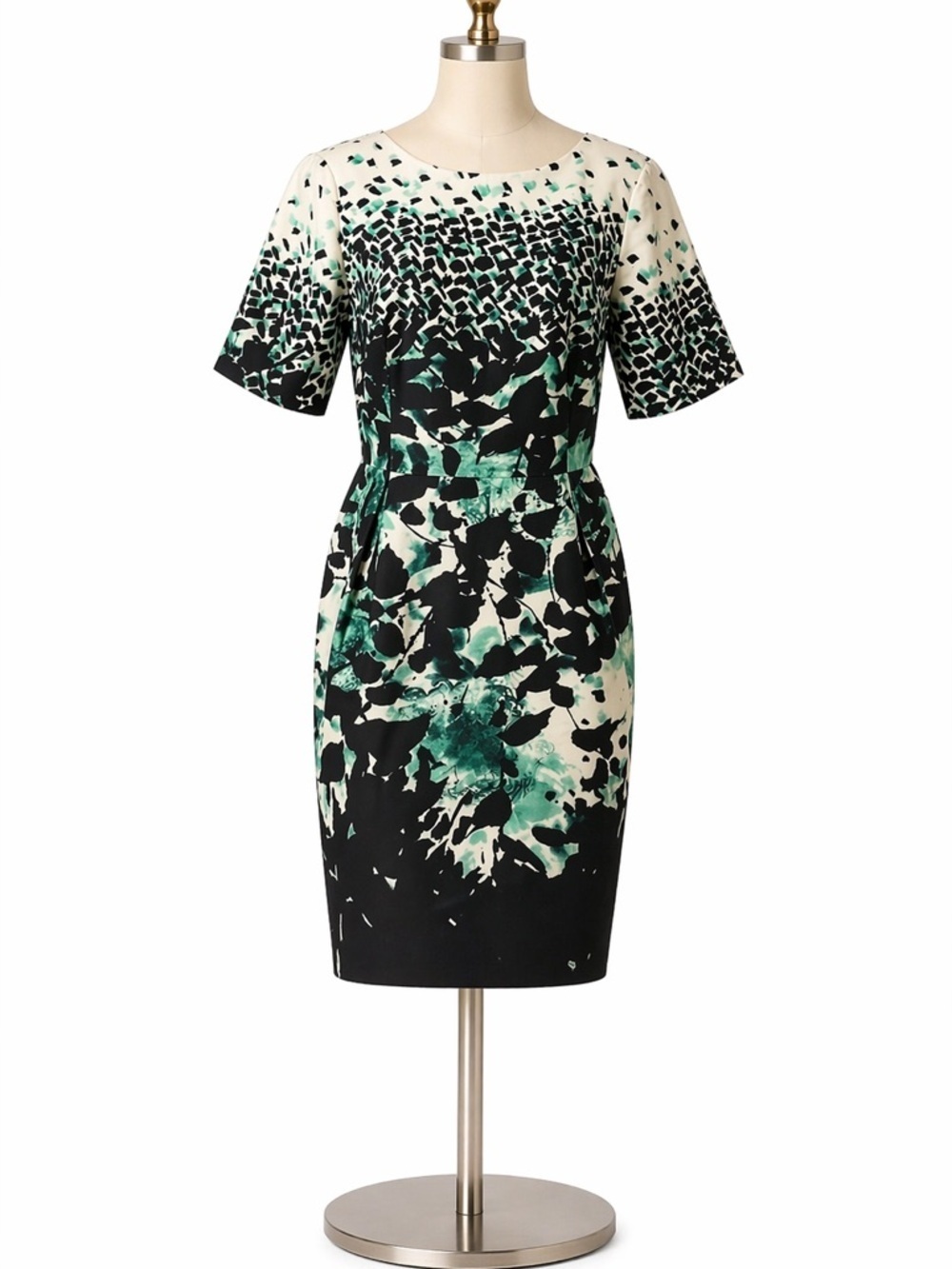 BROOKS BROTHER, GREEN,BLACK AND WHITE,FLORAL ABSTRACT PATTERNED DRESS.SI…